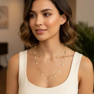 Collier double cœurs et perles en acier inoxydable