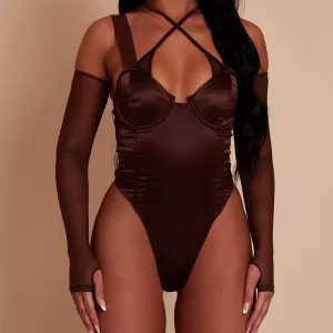 Body en satin décolleté croisé marron