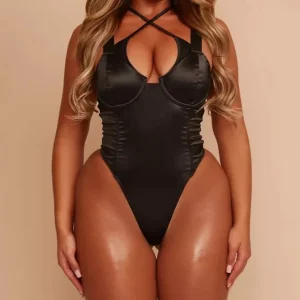 Body en satin décolleté croisé noir