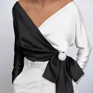 Chemisier en satin portefeuille blanc et noir