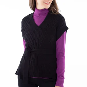 Chandail en tricot texturé sans manches avec ceinture | Fransa | 3 couleurs